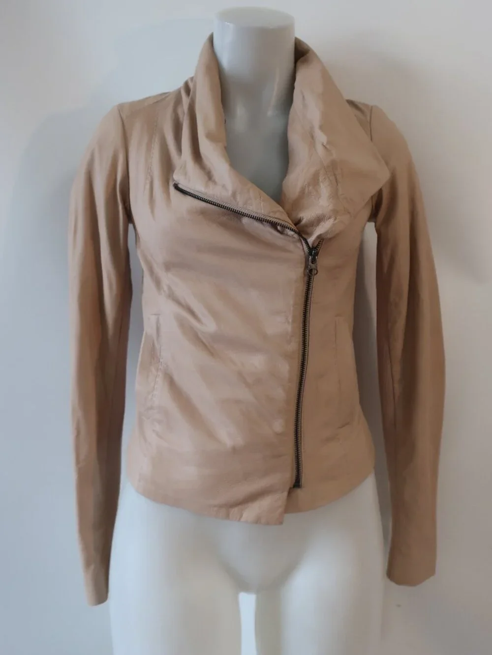 Womens Vince Beige (Item- 304) Mixed Media Ribbed Zip Leather Scuba Jacket XS